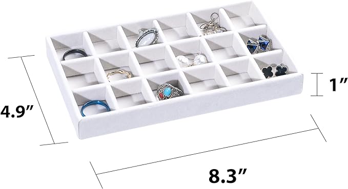 Frebeauty Jewelry Organizer Tray,Stackable Velvet Jewelry Trays,Drawer Inserts Earring Organizer For Women Jewelry Storage Display Case for Rings Stud Necklaces,8.3 x 4.9 x 1 Inches (White)