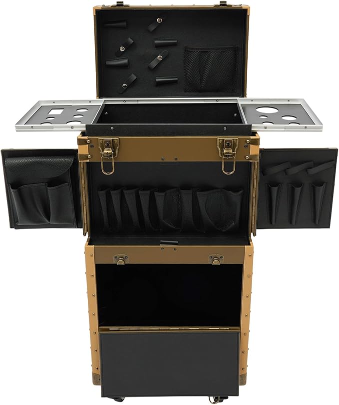 Rolling Hairdressing Case - Professional Makeup Train Case with Dual Password Locks, Cosmetic Organizer for Salon/Barber/Nail Artists (Gold)