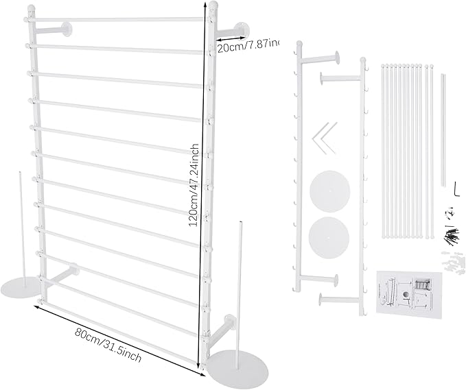 12 Layers 80cm White Wall Display Stand Wrapping Paper Ribbon Organizer Tie Scarf Rack Belt Towel Holder Spool Hijab Stand Metal Shelving for Home, Retail Stores, Flower Shop, Studio, Sewing