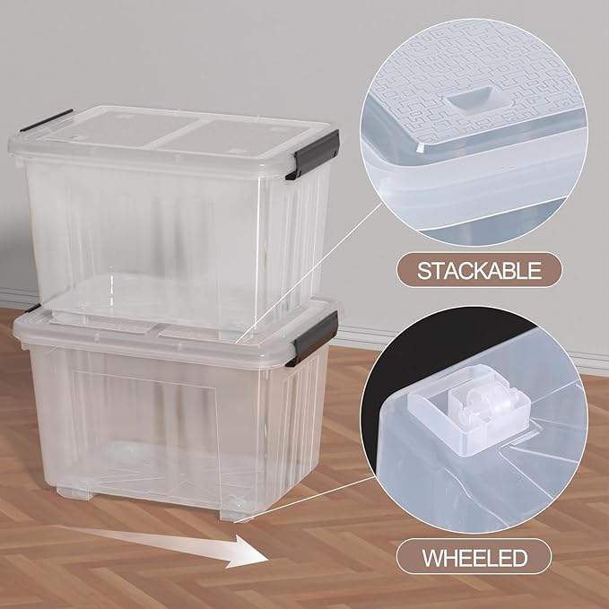 Readsky 30 Quart Clear Plastic Storage Bin with Lid and Wheels, Clear Totes Storage, 4 Packs