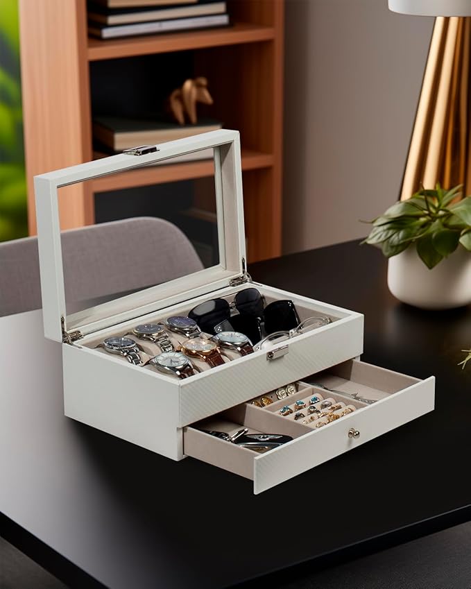 GUKA Watch box, 6 Slot Watch Case, 3 Slot Sunglass Organizer, Watch Cases for men with Real Glass Lid, Watch Organizer storage with Jewelry Case, Birthday for Men and Women,