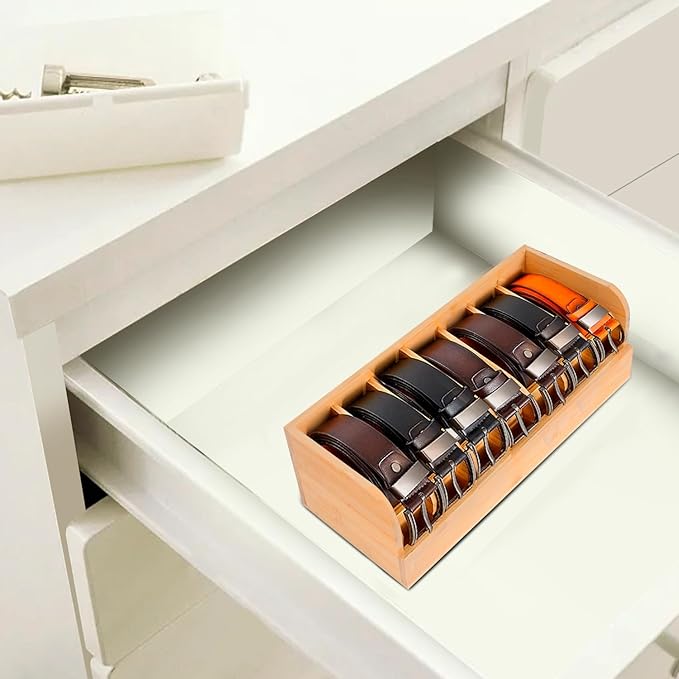 GTI Belt Organizer, 7 Compartments Belt Organizer for Closet and Drawer, Bamboo Display Case for Tie and Belt, Belt Storage Organizer for Men Women (Wooden)