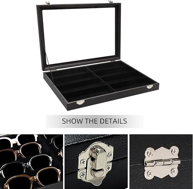Wudygirl Jewelry and Sunglass Organizer - 8 Slot Storage With Clear Lid, Leather Eyeglasses Display for Women and Men (8 Grid)