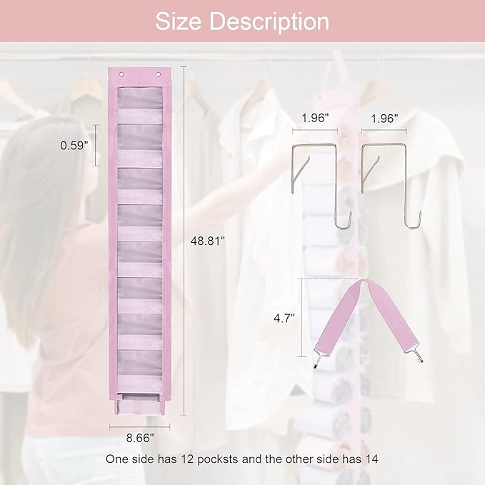 Legging Organizer Storage, Shirt Organizer, Foldable Hanging Closet Organizer Storage with 26 Roll Independent Compartments for Yoga Pants, Tank Top, Towel, Underwear (Pink)