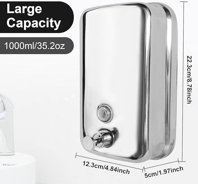 Heavy Duty Soap Dispenser Wall Mount Stainless Steel Soap Dispenser Manual Liquid Pump Rust-Proof Leak Free Pump for Commercial & Home Kitchen Bathroom (34 fl.oz./1000ml)
