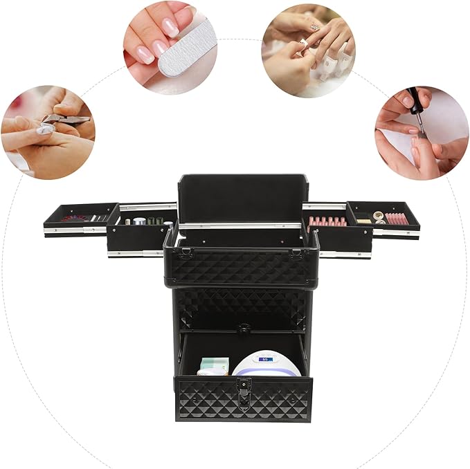 Rolling Makeup Train Case Large Cosmetic Trolley Nail Bag Organizer Professional Manicure Tool kit Portable Manicure Storage Case with Swivel Wheels 4 Tray and Sliding Rail (Black)