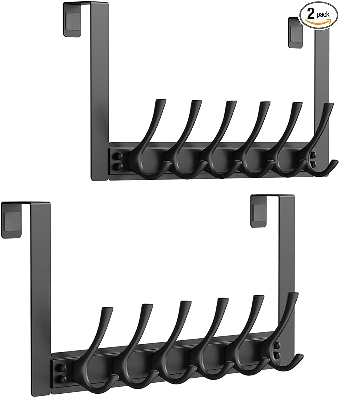 Over The Door Hooks with 6 Hooks for Hanging-Space-Saving,Over The Door Hanger,Over The Door Towel Rack,Towel Hanger for Bathroom,Guaranteed Quality & Compressed Packaging (2, Black-Unassembled)