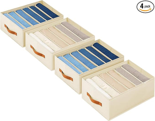Closet Organizers and Storage - Fabric Clothes Organizer with Handles, Foldable Jeans Organizer for Clothes, Drawer Organizer for Shirts, Bra, Sweater, Scarf, 4 Pack, Beige