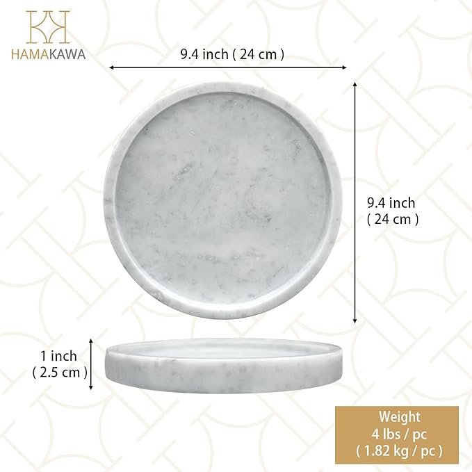 Natural Marble Bathroom Vanity Tray, Large Round Sink Tray 9.5 inch, Carrara White Limestone Dresser Tray, Modern Countertop Organizer for Soap Dispenser, Kitchen Counter, Home Decor
