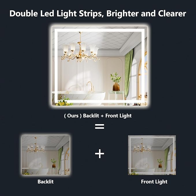 44x32 Inch LED Bathroom Mirror with Lights Front and Backlit Lighted Vanity Mirror for Bathroom Wall with 3 Colors Dimmable Anti-Fog Memory Shatter-Proof IP54 Waterproof Horizontal/Vertical