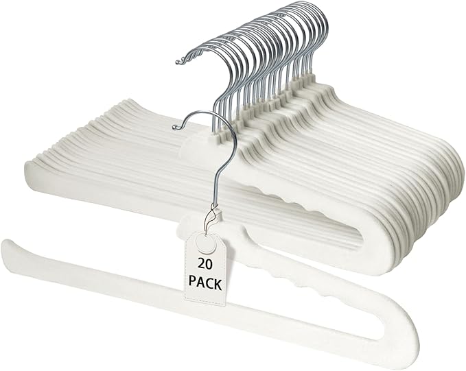 ManGotree Non Slip Velvet Pants Hangers, Open Ended Felt Jean Hangers for Closet Organizer, Heavy Duty Space Saving for Trousers, Slacks, Shorts, Dress, Scarf (20 Pack, Ivory)