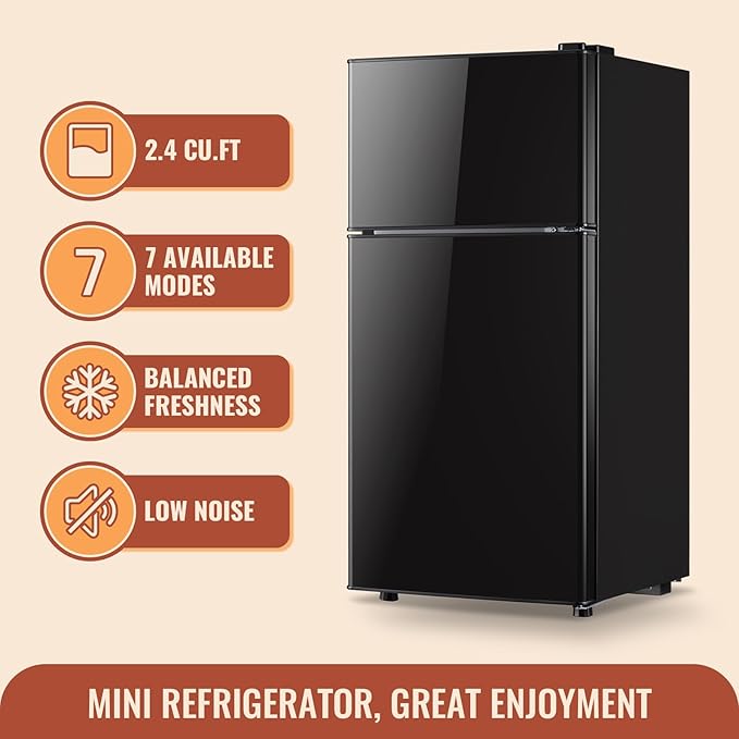 2.4 Cu.ft Mini Fridge with Double Doors Small Refrigerator with Separate Freezer & 7 Adjustable Temperature Control, Tiny Size & Personal Fridge Ideal for Office Apartment Dorm Black