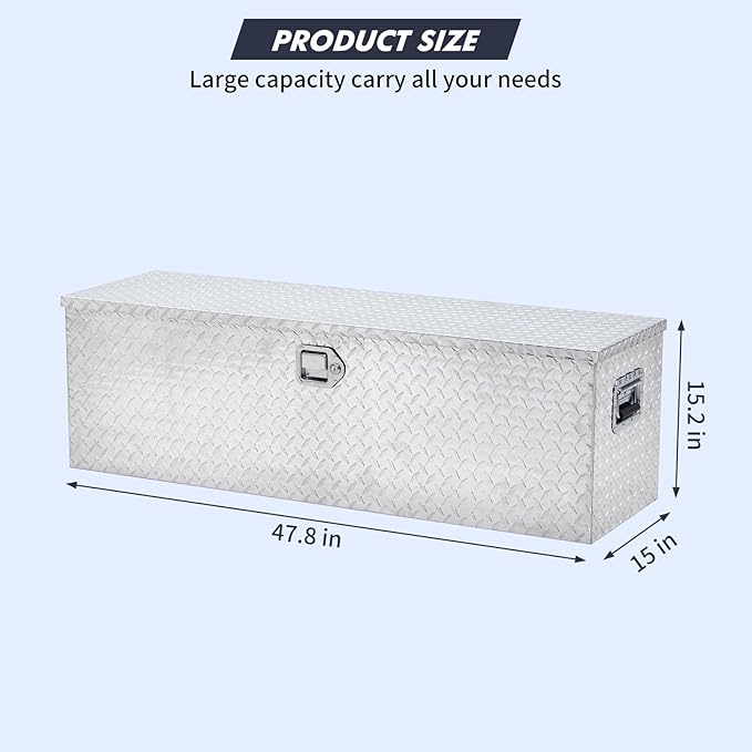Garvee Aluminum Truck Bed Tool Box, 15 x 15 x 48 in Diamond Plate Tool Box Chest Box Pick Up Truck Bed RV Trailer Toolbox Storage with Side Handle and Lock Keys