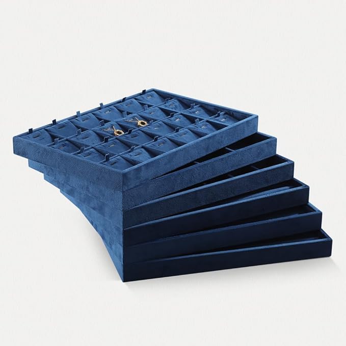 Velvet Necklace Display Tray, Stackable 24 Grid Insert Pendant Necklaces Storage Holder Plate, Jewelry Retail Countertop Organizer (Blue)