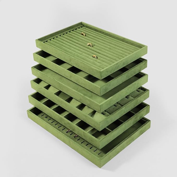 Velvet Ring Display Tray, Stackable Muilt Slot Rings Ear Stud Storage Tray, Drawer Insert Jewelry Accessories Organizers Plate (Olive Green)