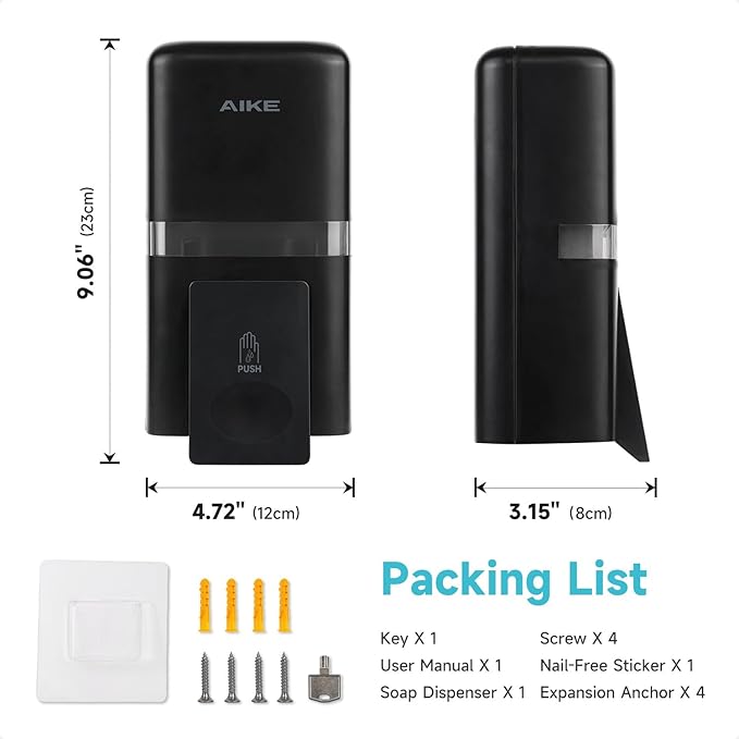 AIKE Wall Mount Liquid Soap Dispenser, 27oz Large Capacity with Extended Pump for Commercial Bathrooms,AK1008(Black)