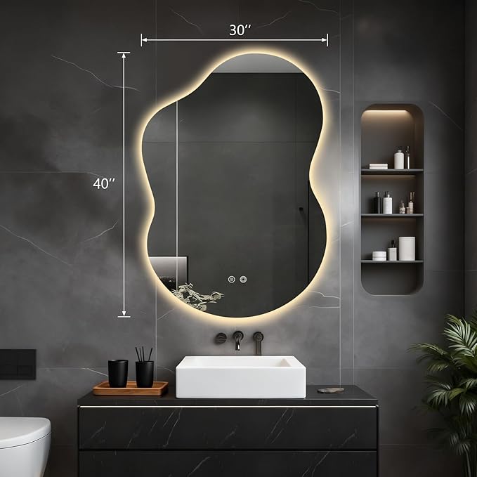 Asymmetrical Lighted Mirror for Bathroom,Modern LED Vanity Mirror with Backlit,Fog-Free,Tri-Color Dimmable Lighting with Memory Function,Hardwire Ready [Horizontal/Vertical] 40" H x 30" W