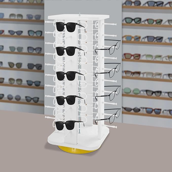 40 Pairs Glasses Rack, 360° Rotating Sunglasses Display Rack, 4-Sided Eyeglasses Storage Organizer, Eyewear Holder, Commercial Sunglasses Display Stand, White