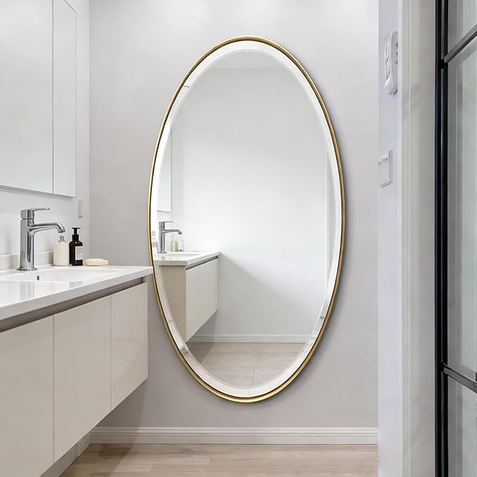 POZINO Brushed Gold Beveled Mirror, 28"x48" Large Brass Oval Mirrors, Bathroom Mirror for Over Sink, Modern Rounded Vanity Wall Mirrors in Premium Stainless Steel Frame, Hangs Horizontal Or Vertical