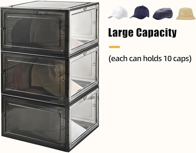 Hat Organizer Box,Stackable Clear Baseball Caps Holder Box Containers with Magnetic Door for Hats Snapback Cap Storage,Clear Hat Storage with Magnetic Door, Holds 20 Hats (black clear, 2 pack)