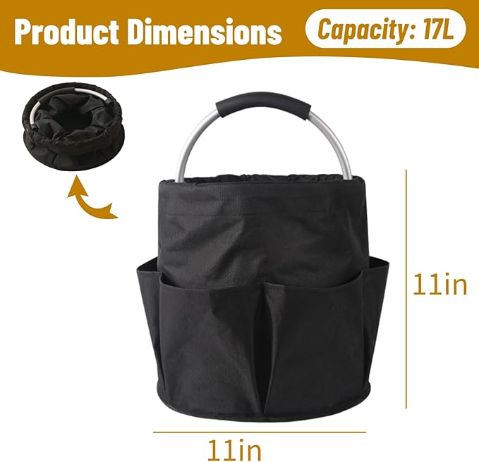 17L Foldable Storage Basket with 6 Side Pockets Cleaning Caddy with Handle Folding Storage Bin for Home Bathroom Camping Gardening (Black)
