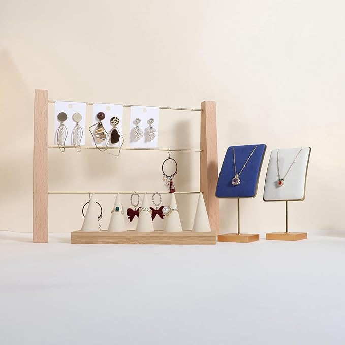 GemeShou Beige wood ring storage organizer, Velvet Jewelry ring display holder, Cute ring display stand for selling, wedding ring holder at nightstand【Beige with five cone】
