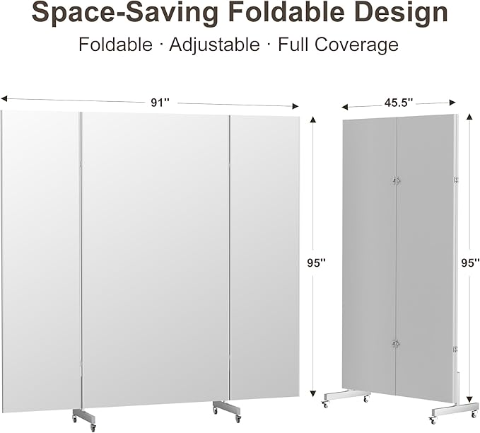 Brisafe 81" x 95" Extra Large Full Length Tri-Fold Mirror on Wheels, Stand Up Movable Floor Mirror with Stand, 3-Way Folding Standing Mirror for Gym, Dance Studio, Fitness Room & Home, White