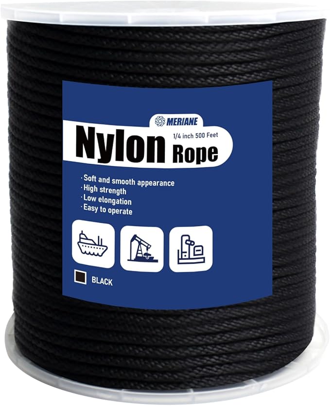 MERIANE Black Nylon Rope 1/4inch 500FT – Multipurpose Tightly Braided Rope – Abrasion & UV Resistant – Ideal Use for Camping, Clothesline, Marine, Flag Line - Solid Utility Rope for Indoor Outdoor