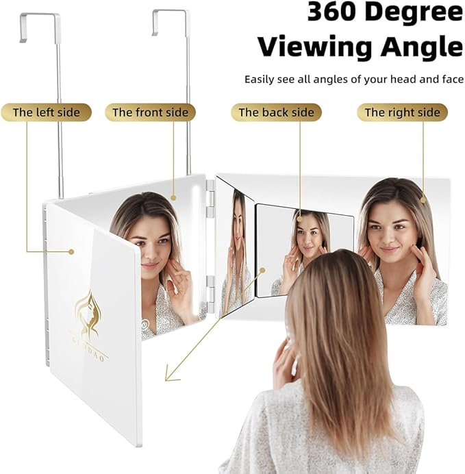 LED 3 Way Mirror to See Back of Head 360 Mirror for Women for Braiding Hair Telescoping Hooks Anti-Fog HD Glass Three Way for Self Hair Cutting Makeup Trifold