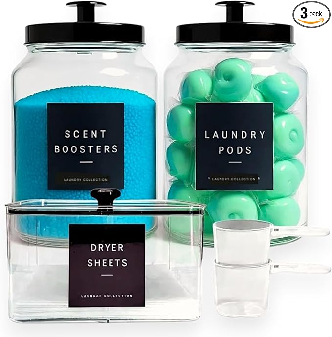 Glass Laundry Room Organization and Storage Set with Containers for Laundry Pods, Dryer Balls, Fabric Softener, Scent Booster Acrylic Dryer Sheet Holder 2 Large Glass Jars Labels and Scoops (3)
