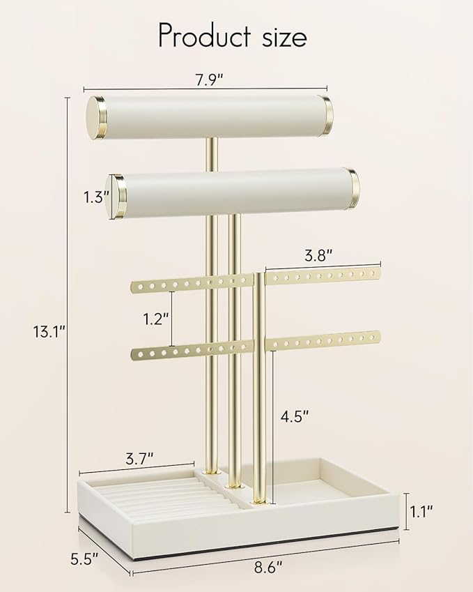 Vlando 3 Tier Necklace Holder Organizer with Tray, Leather Bracelet Holder Display for Women, Gold Jewelry Stand for Bracelet, Necklace, Earrings, Rings - Cloud White