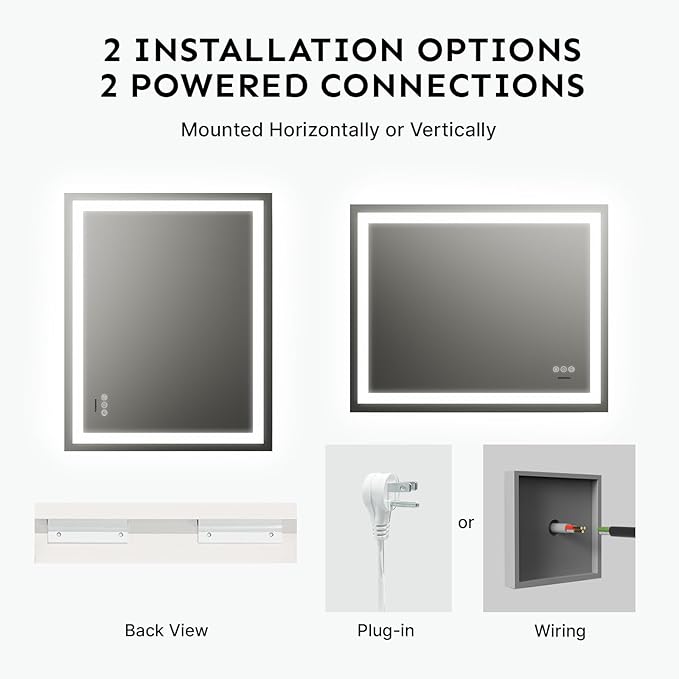 32x48'' LED Bathroom Mirror with Light, Frameless, Dimmable Front & Backlit, Anti-Fog, Distortion Free, Light Memory, Tempered and Shatter-Proof Wall Mounted Vanity Silver Coating Mirror