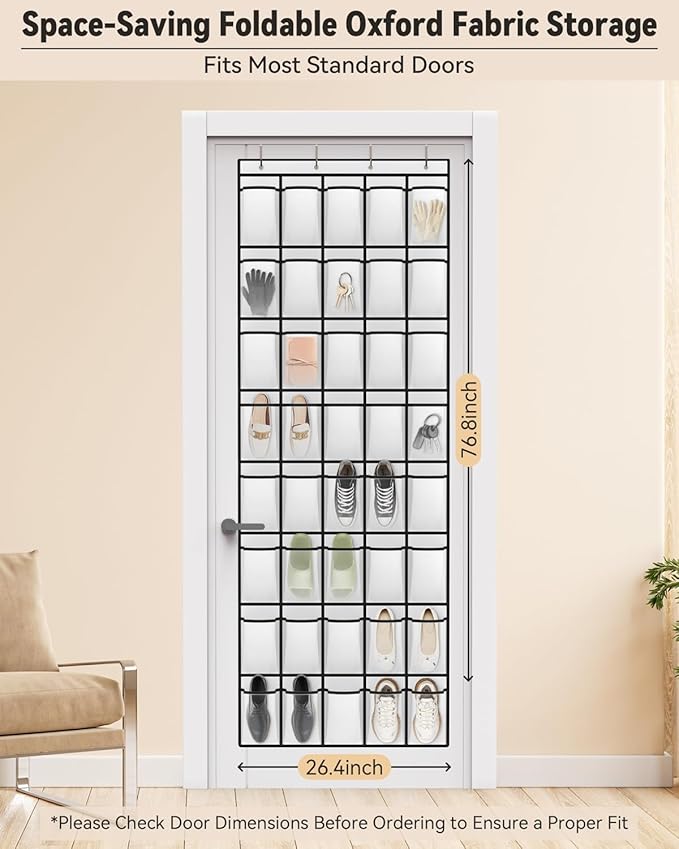dodowin Over the Door Shoe Organizers, 2 Pack (24 & 40 Pockets) - Hanging Shoe Rack with 4 Metal Hooks, Space Saving Foldable Storage for Closet Door, White