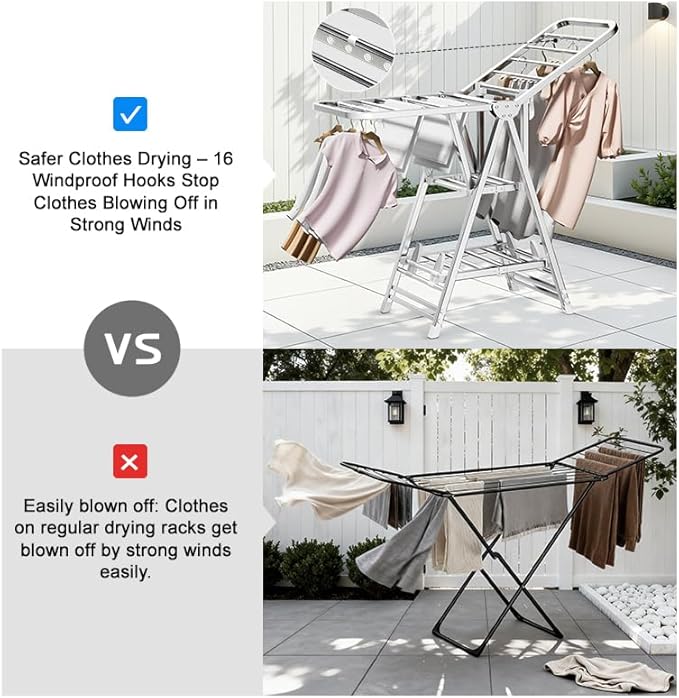 MIKEE Clothes Drying Rack,Stainless Steel Foldable Laundry Drying Rack with Height Adjustable Wings,Clothes Rack with Shoe Rack,Windproof Hanging Holes and Wheels，132 lb,Indoor Outdoor Use