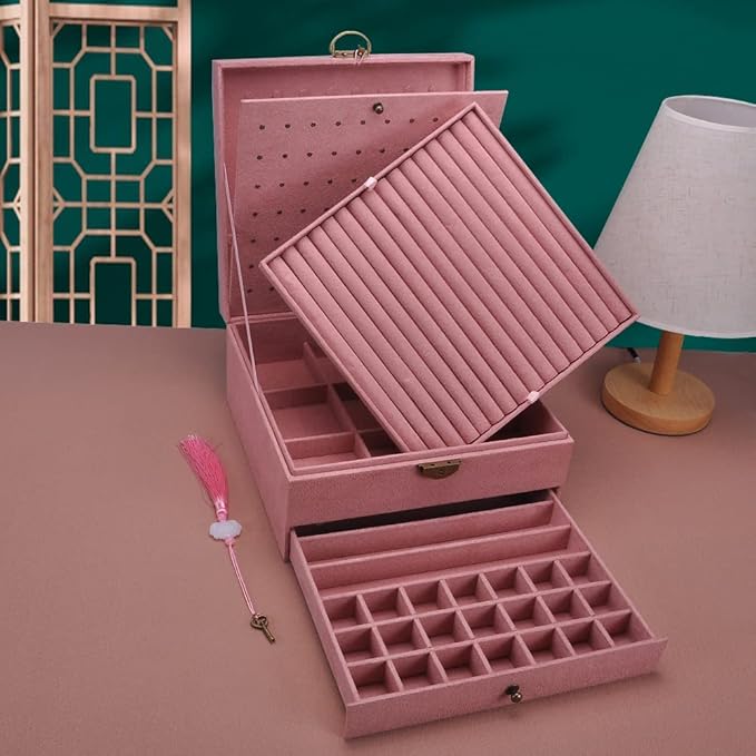 Jewelry Organizer 5 Layers Velvet Square Jewelry Box Women Necklace Ear studs Display Bangles Large Jewelry Storage Case Drawer GY306 (Pink)