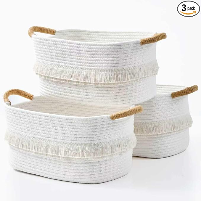 Storage Bins Woven Baskets for Storage Set of 3, Cotton Rope Basket with Handles for Toys/Shelves/Laundry, Rectangle Multi-Purpose Organizer for Living Room, Bedroom, Nursery (White)