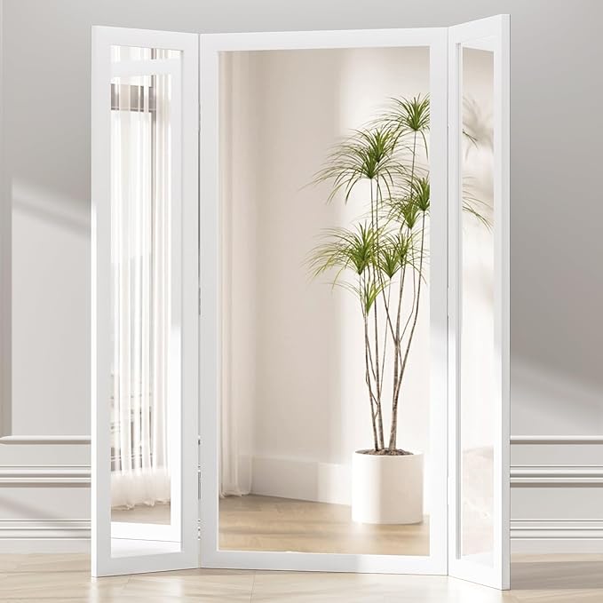 3 Way Mirror Full Length with Tempered Glass 71"x67", 3 Panel Oversized Trifold Floor Mirror with Wood Frame, Decorative Folding Mirror for Home,Wedding Dress/Clothing Shop/Bedroom/Closet (White)