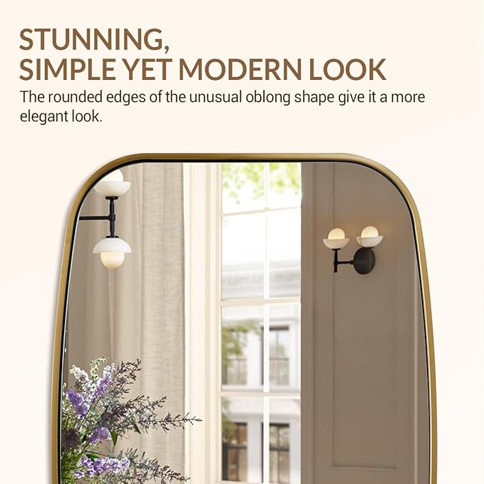 ANDY STAR Brushed Gold Oval Bathroom Mirror, 24x40 Inch Brass Oblong Mirrors for Wall, Modern Vanity Mirror in Stainless Steel Metal Tube Frame, Wall Mount Horizontal or Vertical