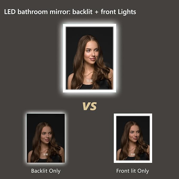 APRILSOUL 24x30 Inch LED Mirror for Bathroom, Led Vanity Mirror with Front and Backlit, 3 Color Lights, Memory Function, Anti-Fog and Dimmable Light (Horizontal/Vertical)