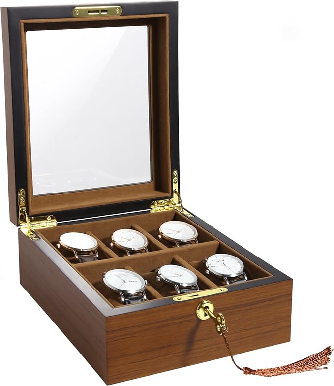 Uten Watch Box with 6 Slots, Watch Case Organizer with Golden Lock and Key, Wooden Watch Display Storage Box with Removable Watch Cushions, Velvet Lining, Metal Clasp