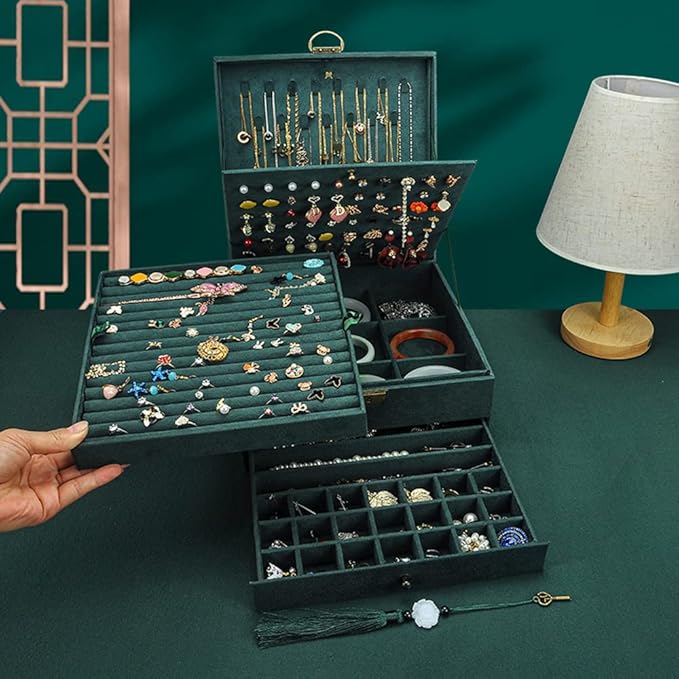 Jewelry Organizer 5 Layers Velvet Square Jewelry Box Women Necklace Ear studs Display Bangles Large Jewelry Storage Case Drawer GY306 (Green)