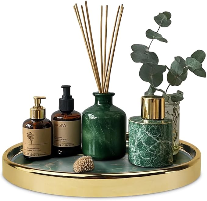 Makeup Perfume Organizer Round Bathroom Vanity Tray Decorative Dresser Tray Countertop Organizer Tray for Cosmetics,Green