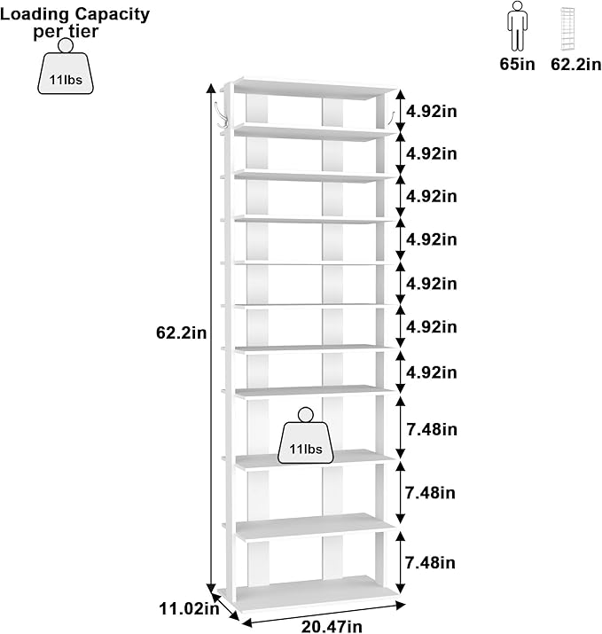 HOMEFORT 10-Tier Corner Shoe Tower - Double Rows, Slim Shoe Stand for 20 Pairs - Entryway, Hallway, Closet (White)