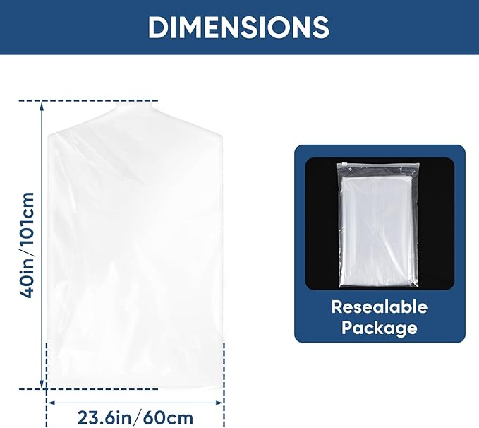 100 Pack 23.6"x40" Garment Bags for Hanging Clothes, Thick Clear Plastic Dry Cleaning Covers for Closet Storage & Travel