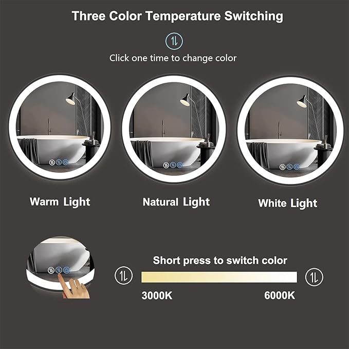 LED Bathroom Mirror with Lights 24'' Round Black Frame Vanity Mirror with Touch Lights Wall Mounted Mirror for 3Colors Dimmable Anti-Fog Memory Smart Light up Makeup Mirror Large Circle Wall Mirror
