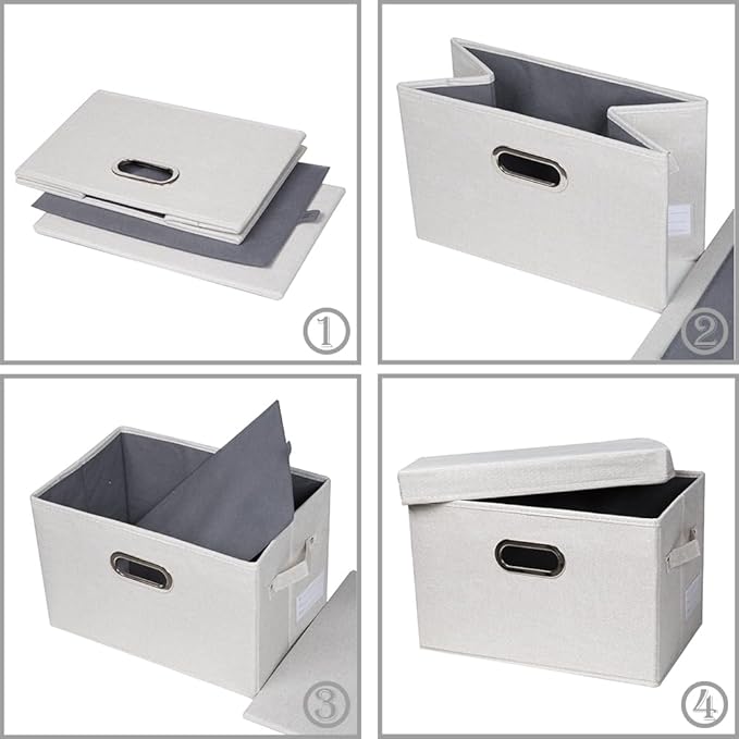 PRANDOM Collapsible Storage Bin with Lid [3-Pack] Fabric Foldable Storage Box Organizer Container Basket Cube with Cover for Home Bedroom Closet Office Beige(15.3x10x9.7)