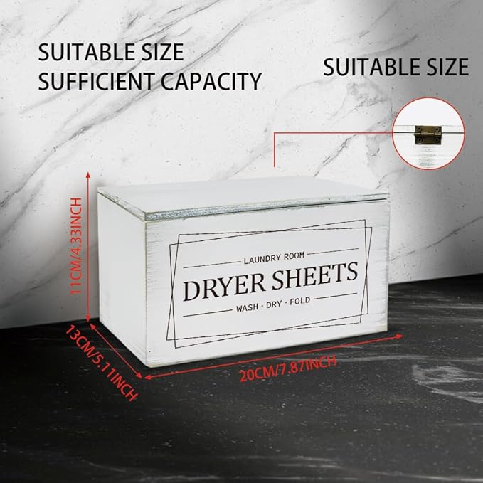 SUPERDANT Dryer Sheets Holder with Lid Rustic Dryer Sheet Dispenser Laundry Room Lettering Dryer Ball Pods Container Vintage Laundry Fabric Softener Dispenser Box for Laundry Room Organizer White