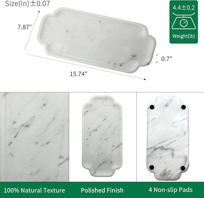 Marmor 100% Natural Marble Bathroom Tray for Perfume, Candles, Jewelry Stone Vanity, Bathroom & Kitchen Counter Organizer and Home Decor (Calacatta White)