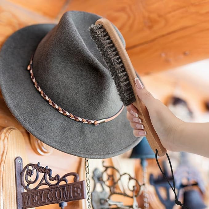 Hat Brush - Clean Western Cowboy Hat, Fedora Hat & Baseball Cap, Horsehair Bristle Garment Brush Remove Cat Hair Dust for Suits, Suede, Cashmere, Clothes & Furniture, Beech Handle