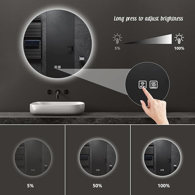 APRILSOUL 24 Inch Round LED Backlit Bathroom Mirror, Vanity Mirror with Anti-Fog, Touch Button, 3 Colors and Dimmable Light